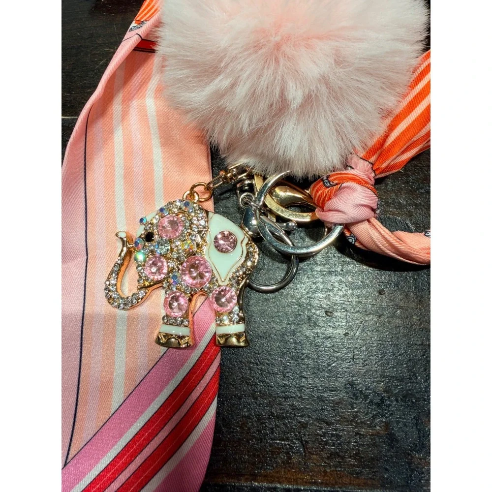 Rhinestone Elephant Keychain Purse Charm Pink Pom Pom Horse‎ Scarf